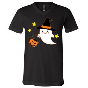 Halloween Ghost Kawaii Trick or Treating Pumpkin V-Neck T-Shirt