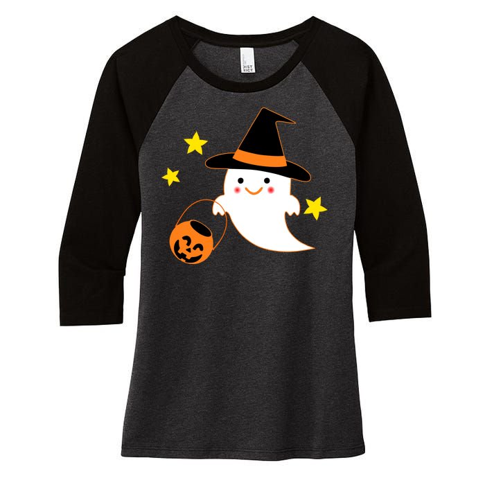 Halloween Ghost Kawaii Trick or Treating Pumpkin Women's Tri-Blend 3/4-Sleeve Raglan Shirt