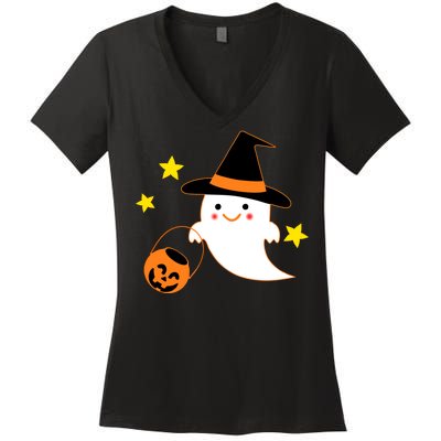 Halloween Ghost Kawaii Trick or Treating Pumpkin Women's V-Neck T-Shirt