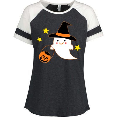 Halloween Ghost Kawaii Trick or Treating Pumpkin Enza Ladies Jersey Colorblock Tee