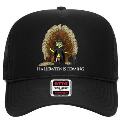 Halloween Is Coming Witch Brooms Throne High Crown Mesh Back Trucker Hat