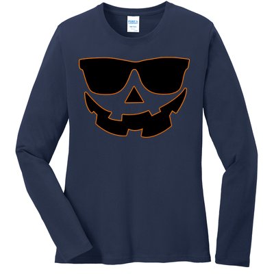 Halloween Jack-O- Lantern With Shades Ladies Long Sleeve Shirt