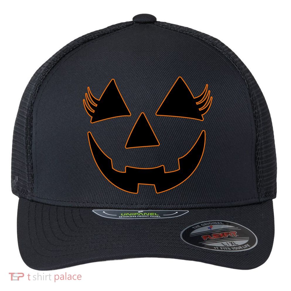 Halloween Jack-O-Lantern With Lashes Flexfit Unipanel Trucker Cap