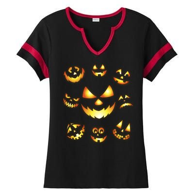 Halloween Jack O'Lantern Pumpkin Faces Ladies Halftime Notch Neck Tee