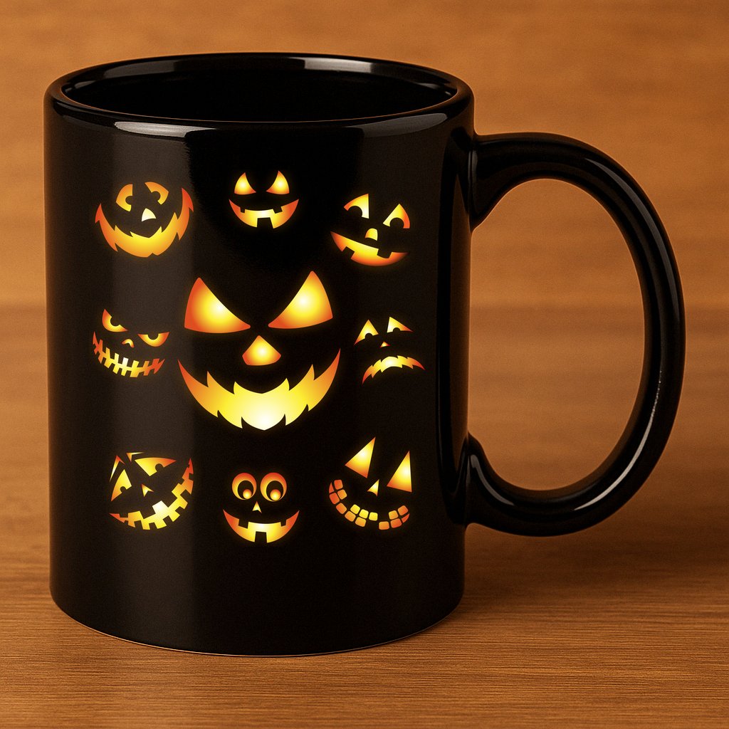 Halloween Jack O'Lantern Pumpkin Faces 11oz C Handle Ceramic Mug