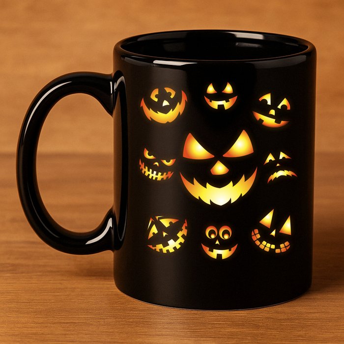 Halloween Jack O'Lantern Pumpkin Faces 11oz C Handle Ceramic Mug
