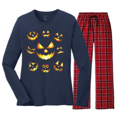 Halloween Jack O'Lantern Pumpkin Faces Women's Long Sleeve Flannel Pajama Set 