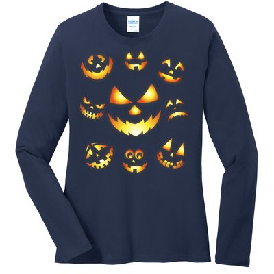 Halloween Jack O'Lantern Pumpkin Faces Ladies Long Sleeve Shirt