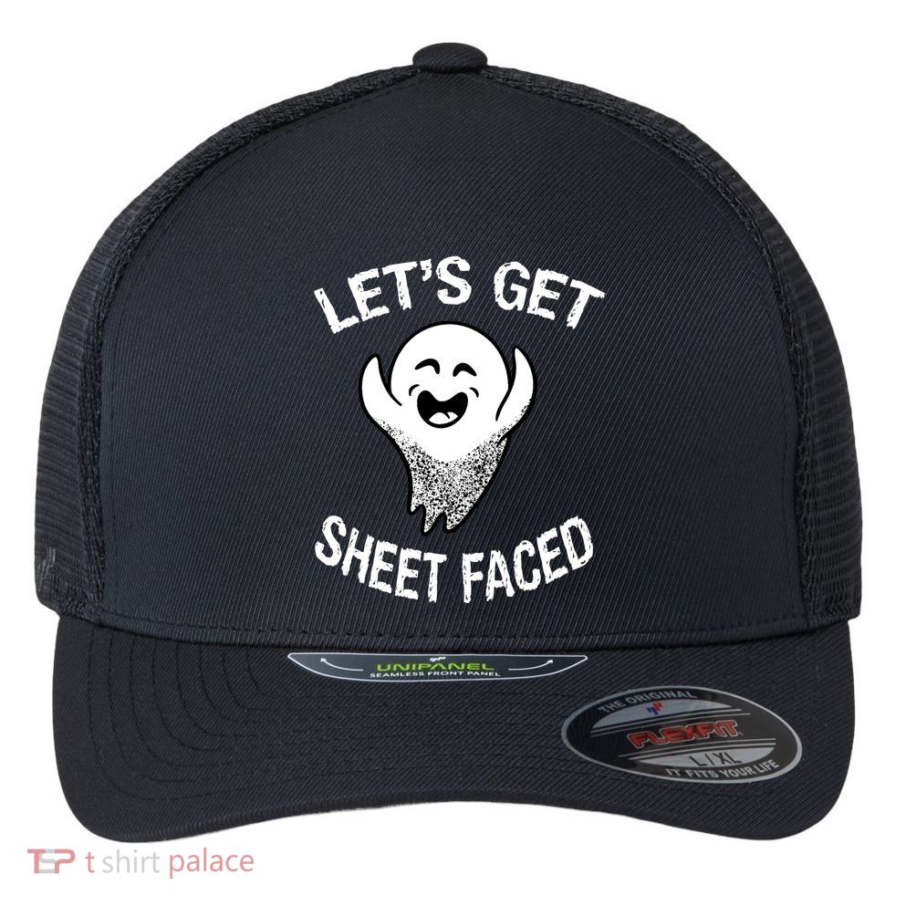 Halloween Let's Get Sheet Faced Ghost Flexfit Unipanel Trucker Cap