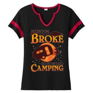 Halloween My Broom Broke So Now I Go Camping Ladies Halftime Notch Neck Tee