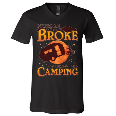 Halloween My Broom Broke So Now I Go Camping V-Neck T-Shirt