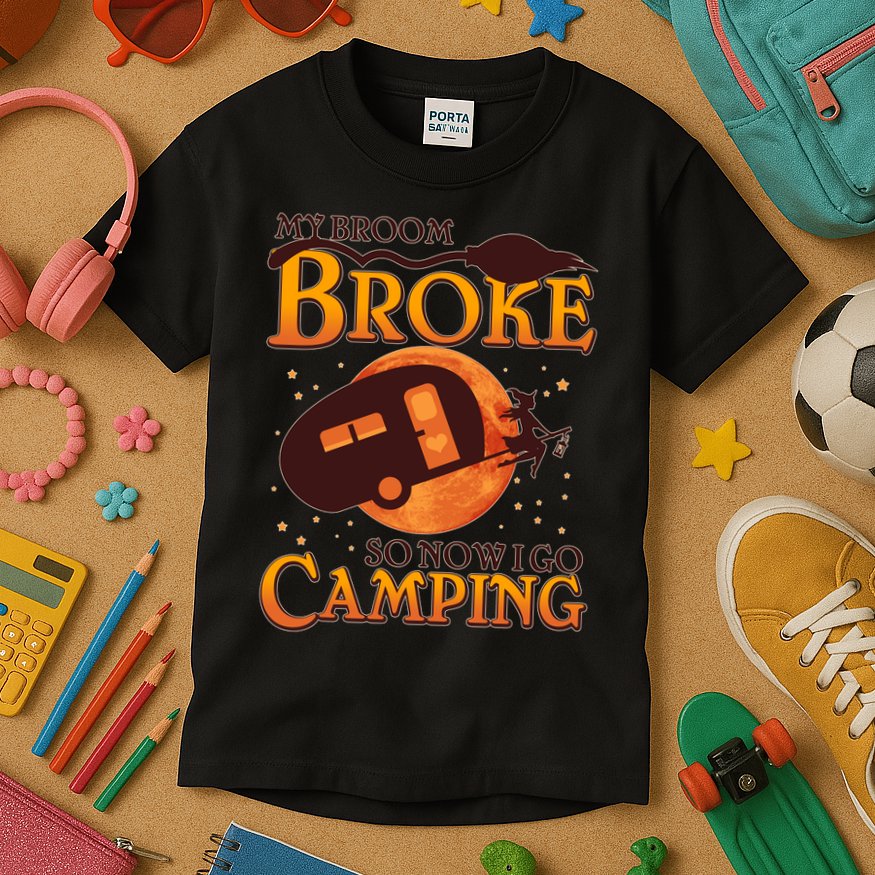 Halloween My Broom Broke So Now I Go Camping Kids T-Shirt