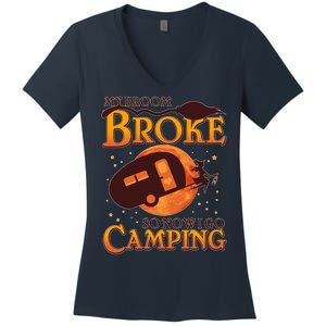 Halloween My Broom Broke So Now I Go Camping Women's V-Neck T-Shirt