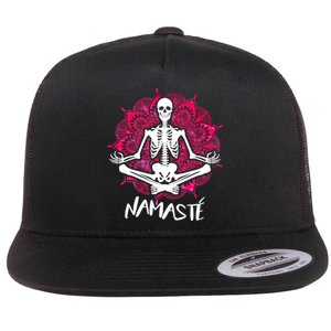 Halloween Namaste Skeleton Flat Bill Trucker Hat