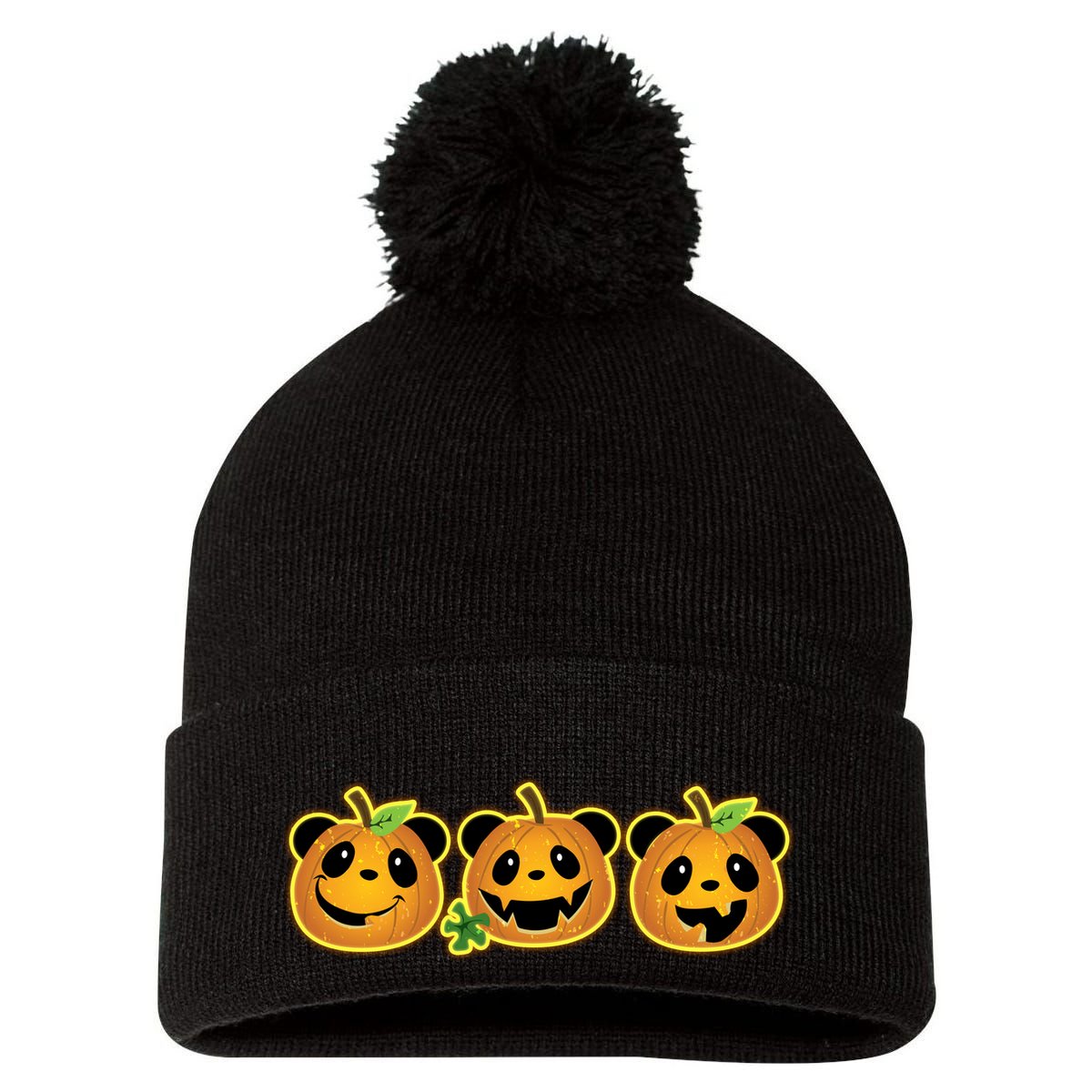 Halloween Panda Pumpkins Pom Pom 12in Knit Beanie