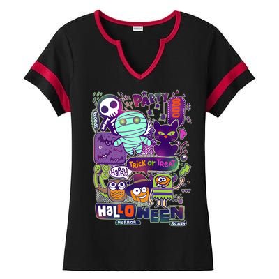 Halloween Party Doodles Ladies Halftime Notch Neck Tee