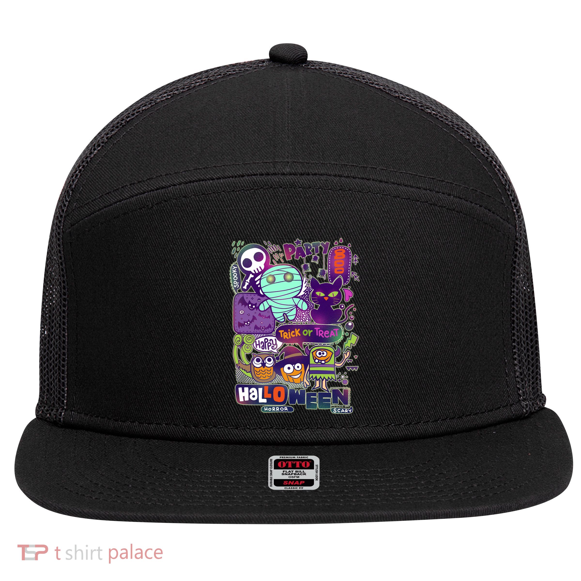 Halloween Party Doodles 7 Panel Mesh Trucker Snapback Hat