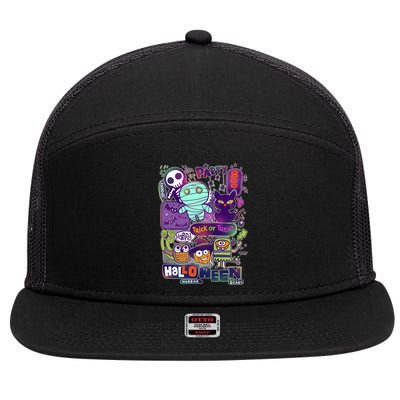 Halloween Party Doodles 7 Panel Mesh Trucker Snapback Hat