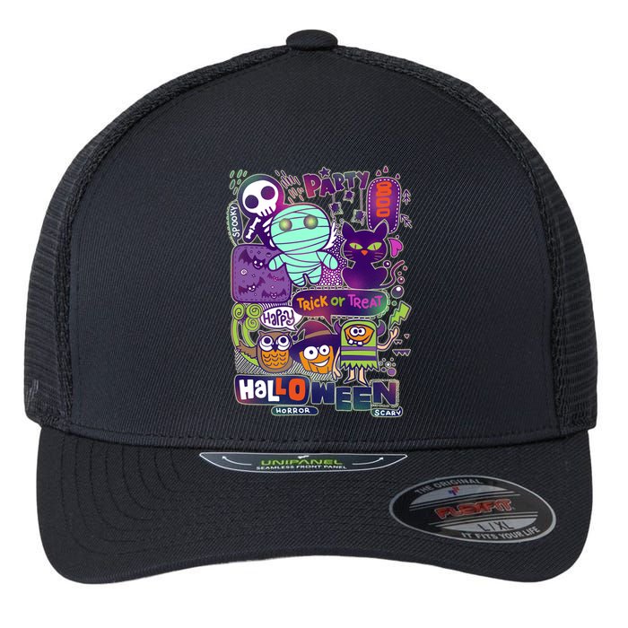 Halloween Party Doodles Flexfit Unipanel Trucker Cap