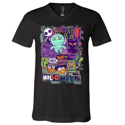 Halloween Party Doodles V-Neck T-Shirt