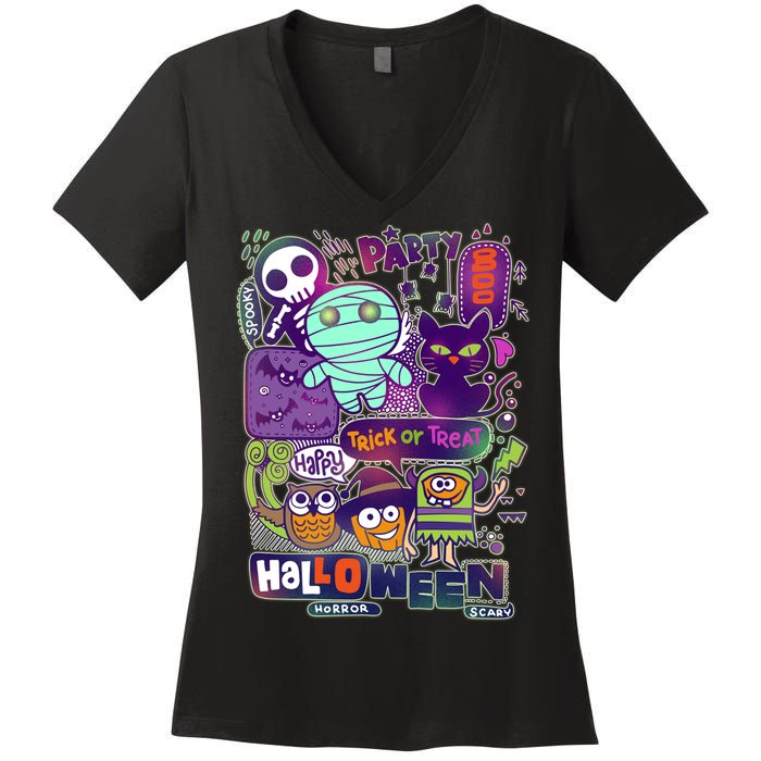 Halloween Party Doodles Women's V-Neck T-Shirt