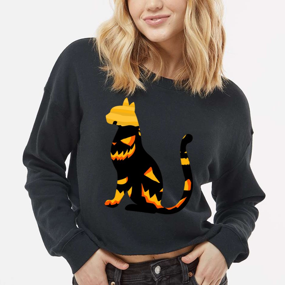 Halloween Pumpkin Cat Cropped Pullover Crew