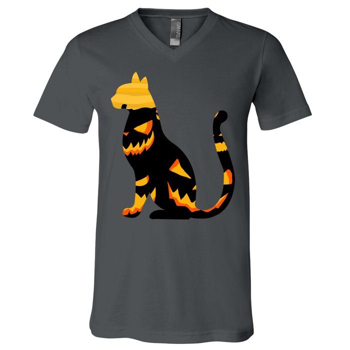 Halloween Pumpkin Cat V-Neck T-Shirt