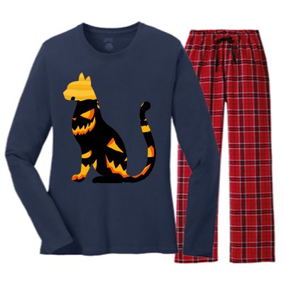 Halloween Pumpkin Cat Women's Long Sleeve Flannel Pajama Set 