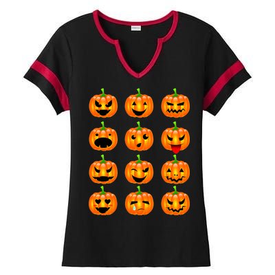 Halloween Pumpkin Emojis Smiley Face Ladies Halftime Notch Neck Tee