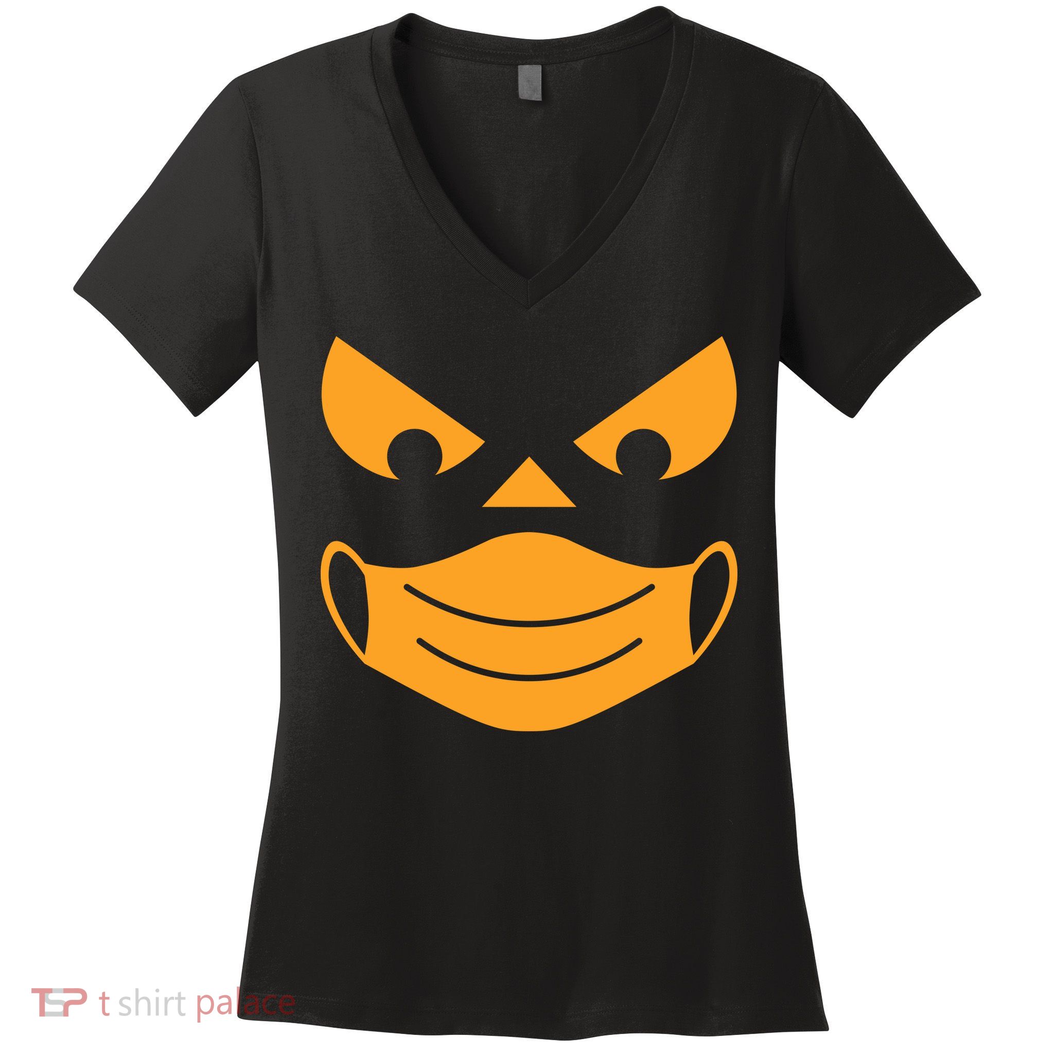 Halloween Pumpkin Face Mask Social Distancing Women's V-Neck T-Shirt