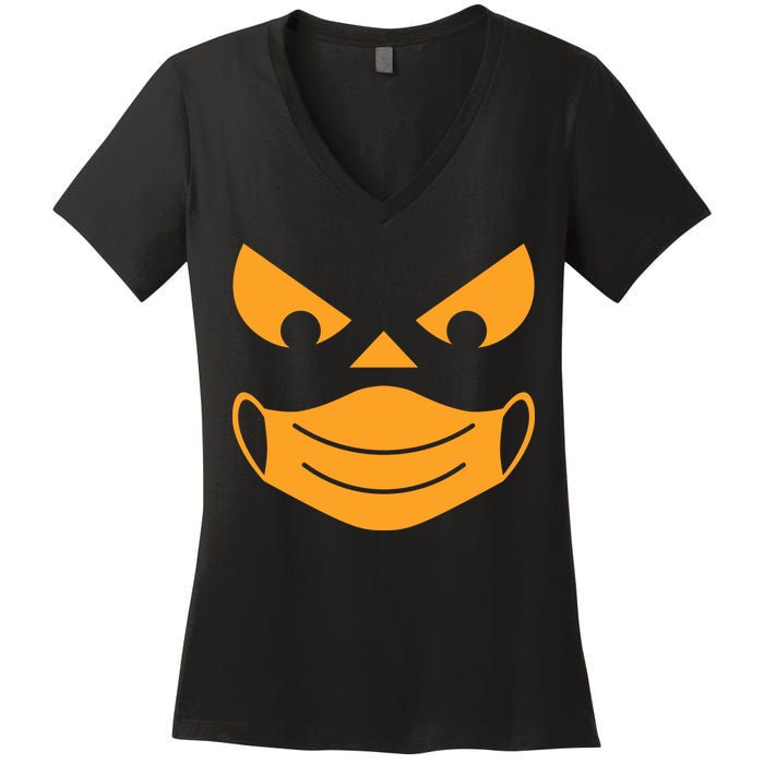 Halloween Pumpkin Face Mask Social Distancing Women's V-Neck T-Shirt