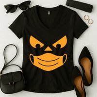 Halloween Pumpkin Face Mask Social Distancing Women's V-Neck T-Shirt