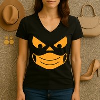 Halloween Pumpkin Face Mask Social Distancing Women's V-Neck T-Shirt