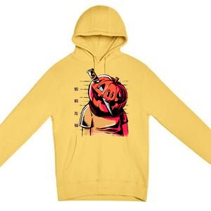 Halloween Pumpkin Head Knife Mug Shot Premium Pullover Hoodie