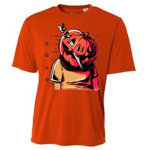 Halloween Pumpkin Head Knife Mug Shot Cooling Performance Crew T-Shirt