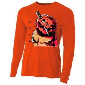 Halloween Pumpkin Head Knife Mug Shot Cooling Performance Long Sleeve Crew