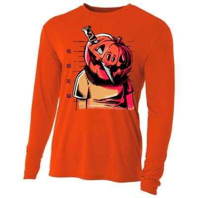 Halloween Pumpkin Head Knife Mug Shot Cooling Performance Long Sleeve Crew