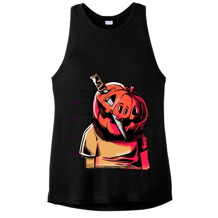 Halloween Pumpkin Head Knife Mug Shot Ladies PosiCharge Tri-Blend Wicking Tank
