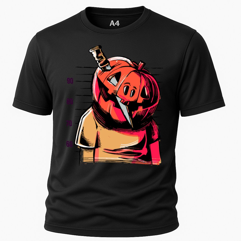 Halloween Pumpkin Head Knife Mug Shot Cooling Performance Crew T-Shirt