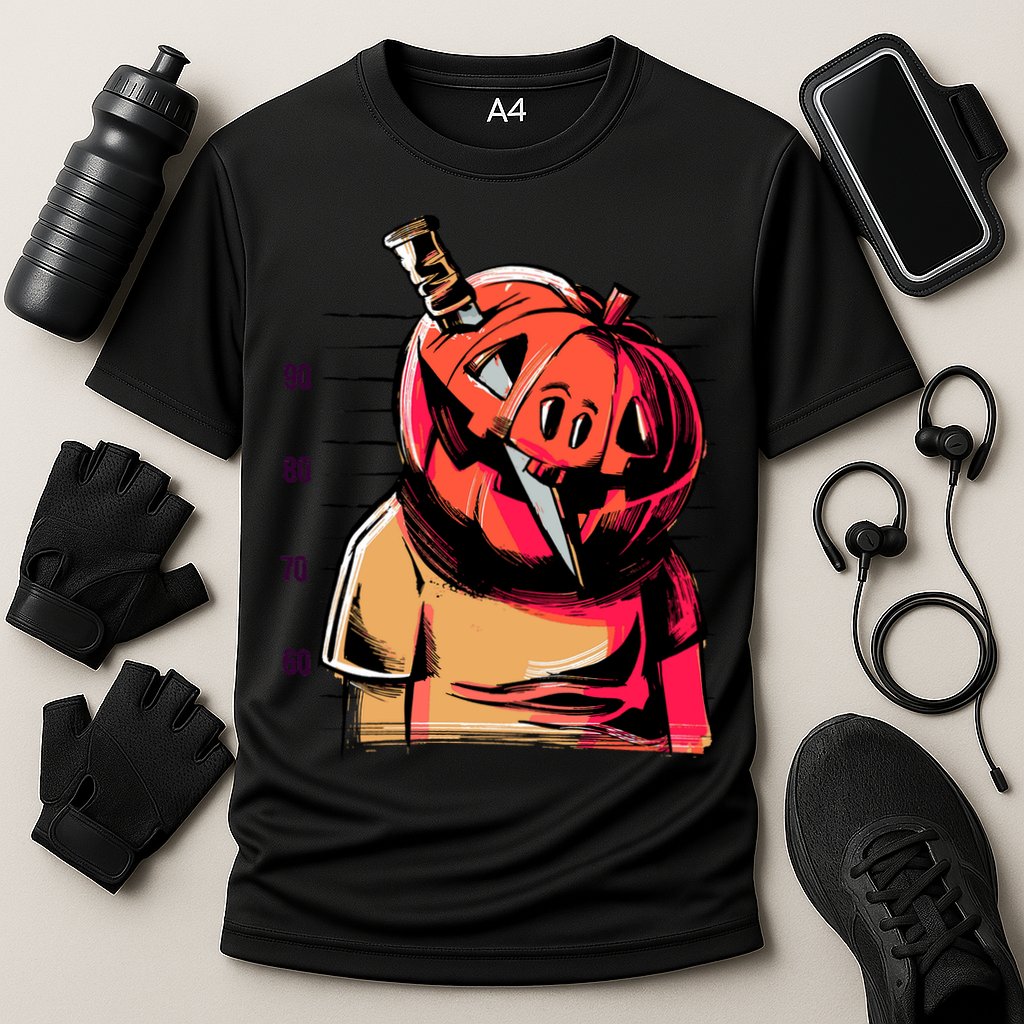 Halloween Pumpkin Head Knife Mug Shot Cooling Performance Crew T-Shirt