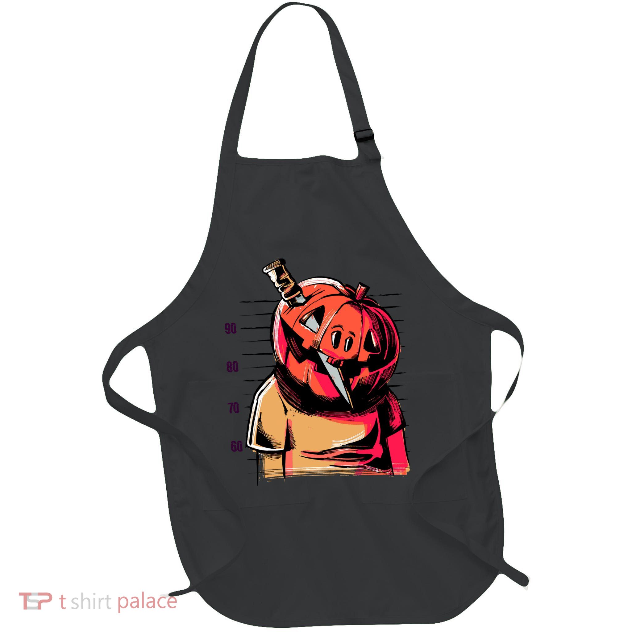 Halloween Pumpkin Head Knife Mug Shot Full-Length Apron With Pockets