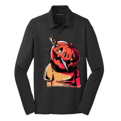 Halloween Pumpkin Head Knife Mug Shot Silk Touch Performance Long Sleeve Polo