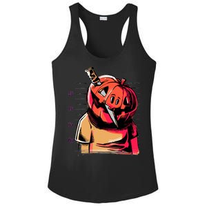 Halloween Pumpkin Head Knife Mug Shot Ladies PosiCharge Competitor Racerback Tank