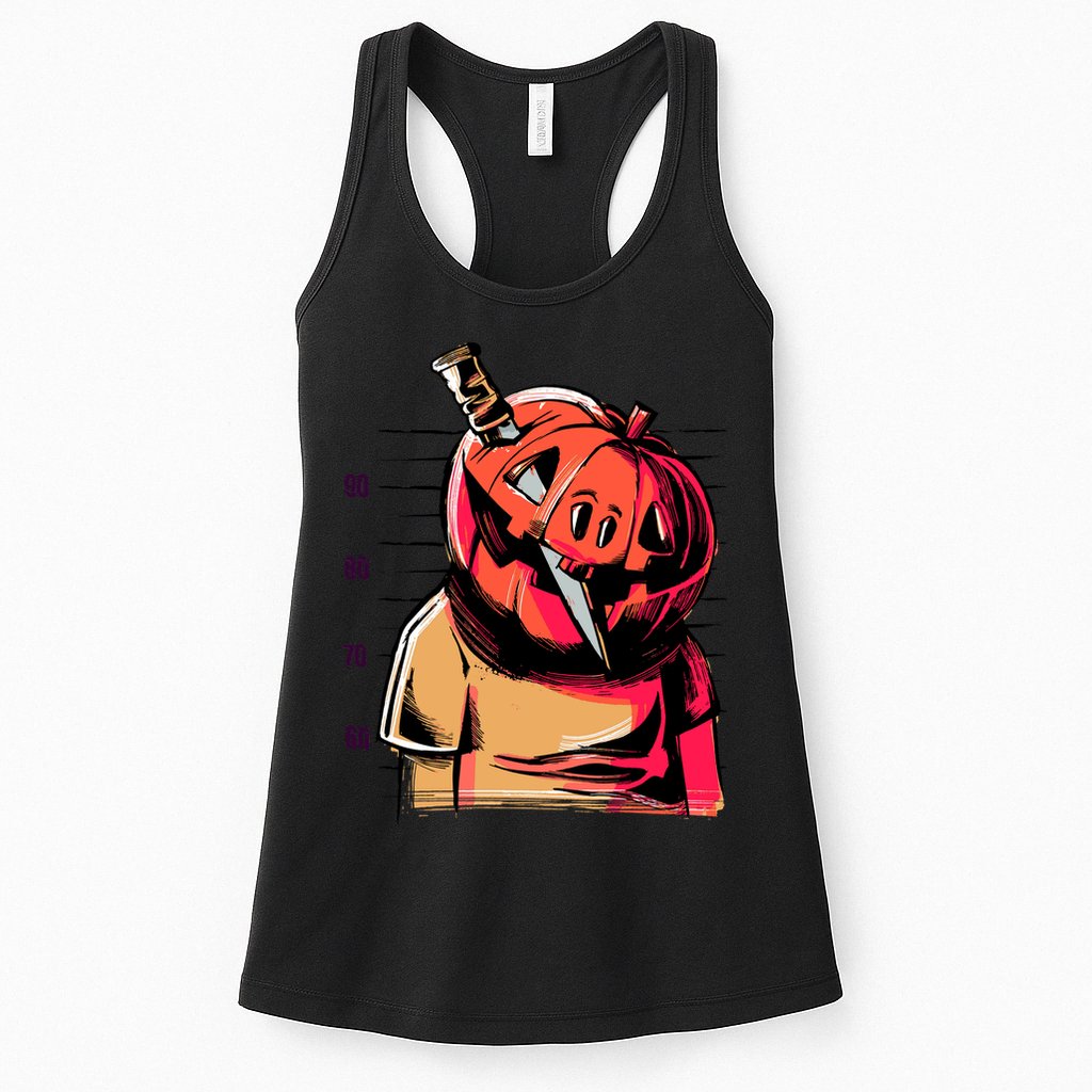 Halloween Pumpkin Head Knife Mug Shot Womens Tank Top