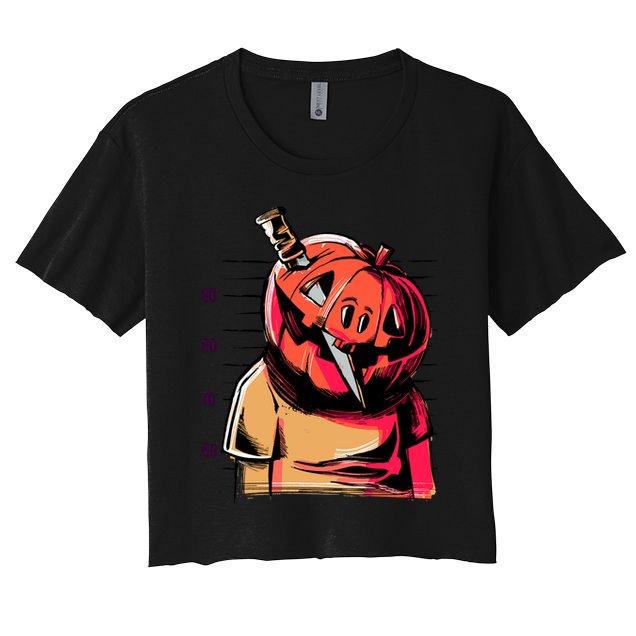Halloween Pumpkin Head Knife Mug Shot Crop Top