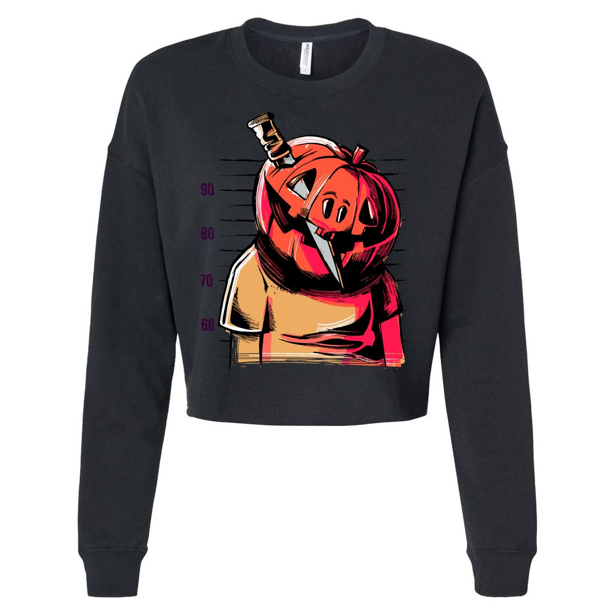 Halloween Pumpkin Head Knife Mug Shot Cropped Pullover Crew