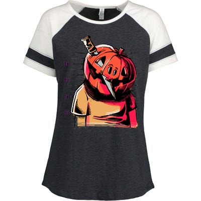 Halloween Pumpkin Head Knife Mug Shot Enza Ladies Jersey Colorblock Tee