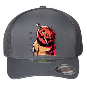 Halloween Pumpkin Head Knife Mug Shot Flexfit Unipanel Trucker Cap