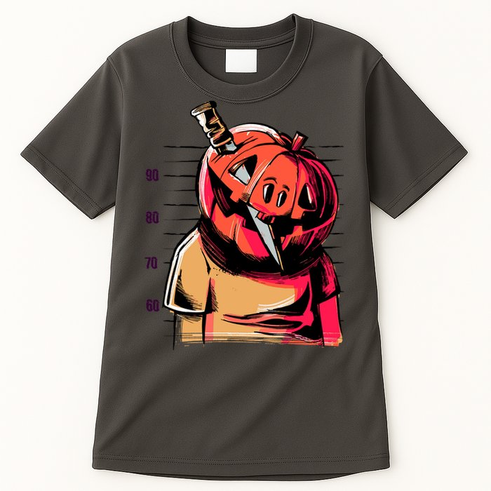 Halloween Pumpkin Head Knife Mug Shot Tall T-Shirt