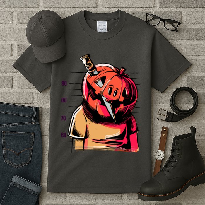 Halloween Pumpkin Head Knife Mug Shot Tall T-Shirt